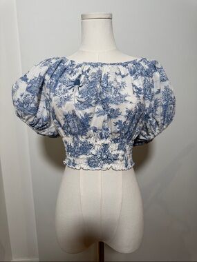 Blue Toile Puff-Sleeve Smocked Crop Top